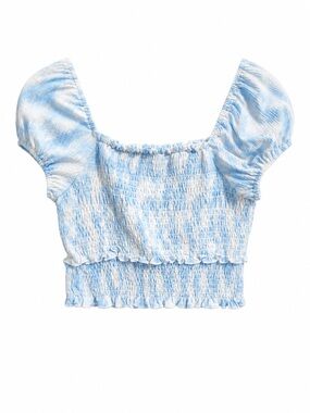 Lush Blue Swirl Smocked Crop Top Small Puff Sleeve Cottagecore Tie Dye Blouse